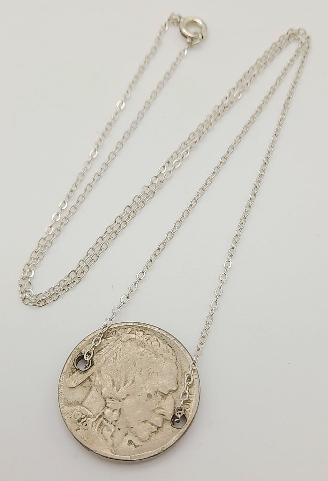 A Vintage 1928 Indian Buffalo Head US 5 Cent Coin Necklace on 46cm Sterling Silver Chain