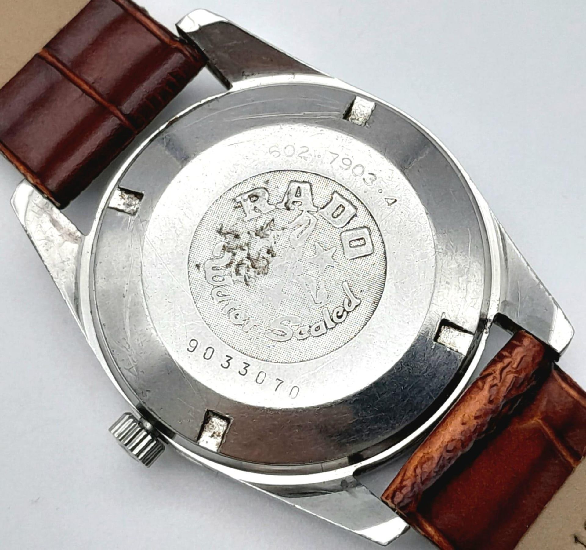 A Vintage Rado Green Horse Gents Watch. Brown leather strap. Silver tone dial with date window. - Image 4 of 4