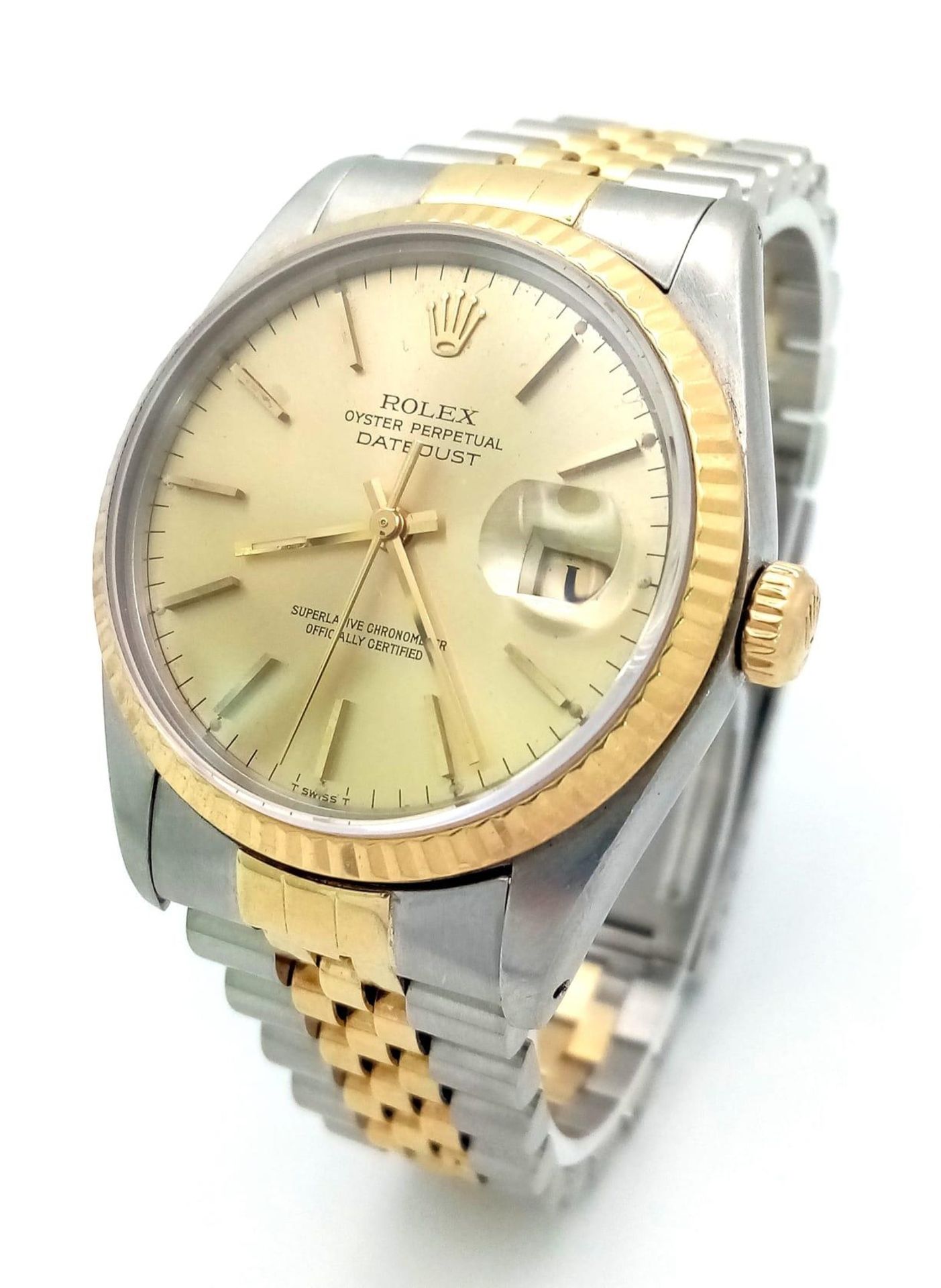 A ROLEX OYSTER PERPETUAL DATEJUST IN BI-METAL WITH GOLDTONE DIAL IN ORIGINAL BOX . 36mm