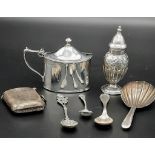 Eclectic Silver Mix Time! Condiment pot with three condiment spoons. Vesta case, miniature urn and