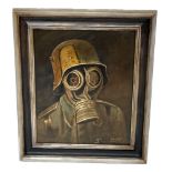 Framed oil on wood painting of a German soldier wearing a gas mask and camouflage Stahlhelm