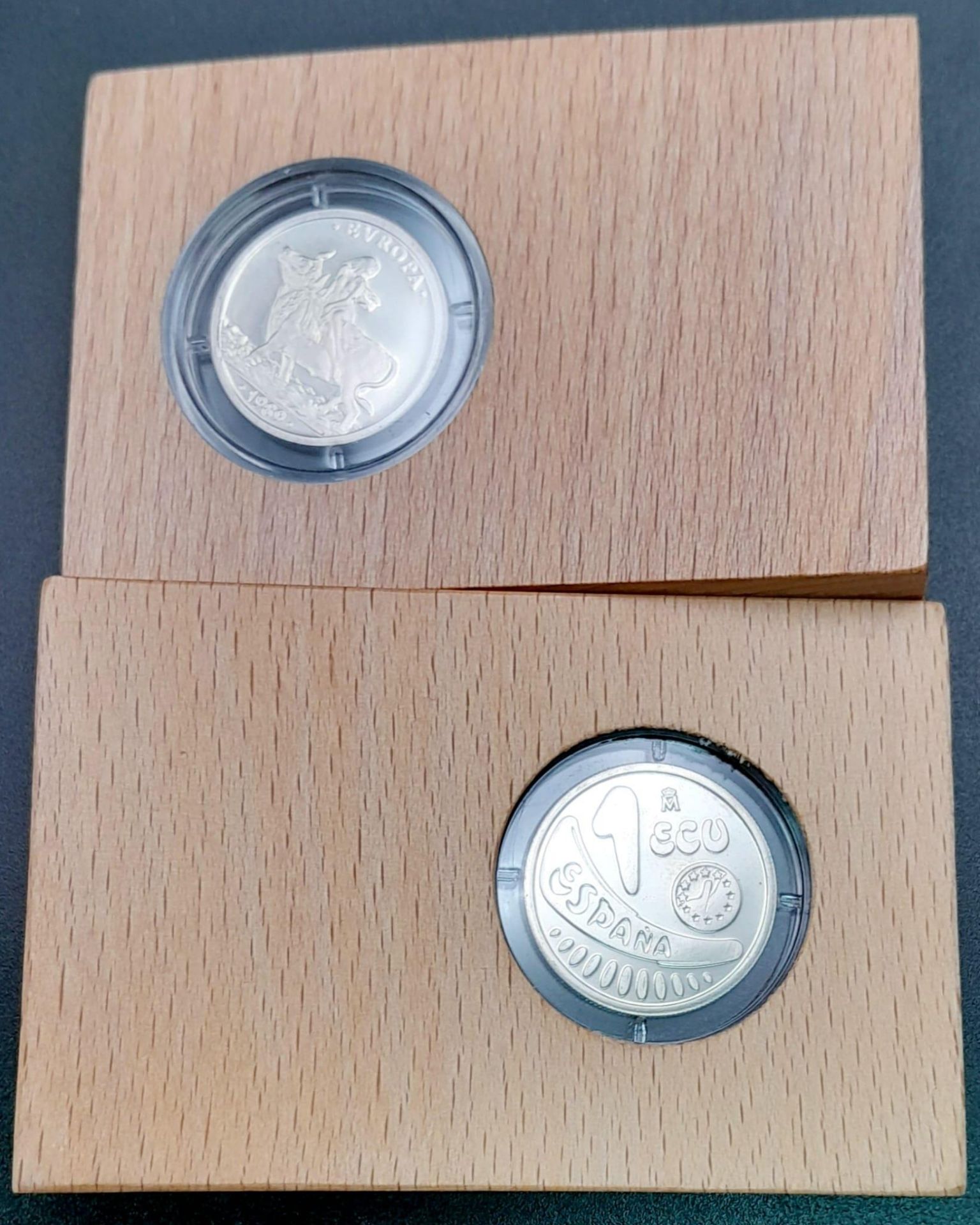 Two Uncirculated 925 Silver 1 ECU Coins in Capsules with Certificate of Authenticity in Wood Display - Image 3 of 3