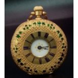 An 18K Gold Half Hunter Pocket Watch with green enamel foilage decoration. 35mm diameter, white dial