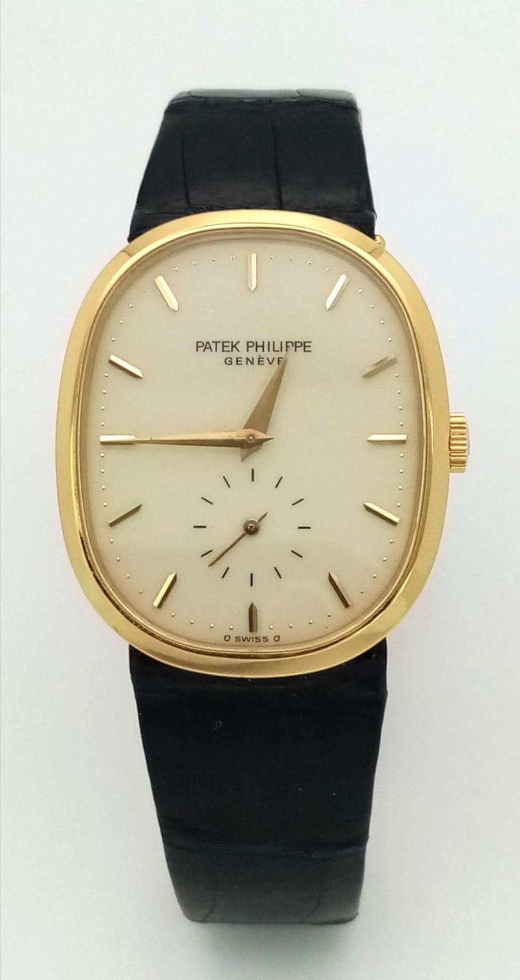 A Vintage Patek Phillipe 18K Gold Gents Watch. Original black leather strap with 18k gold buckle. - Image 2 of 8