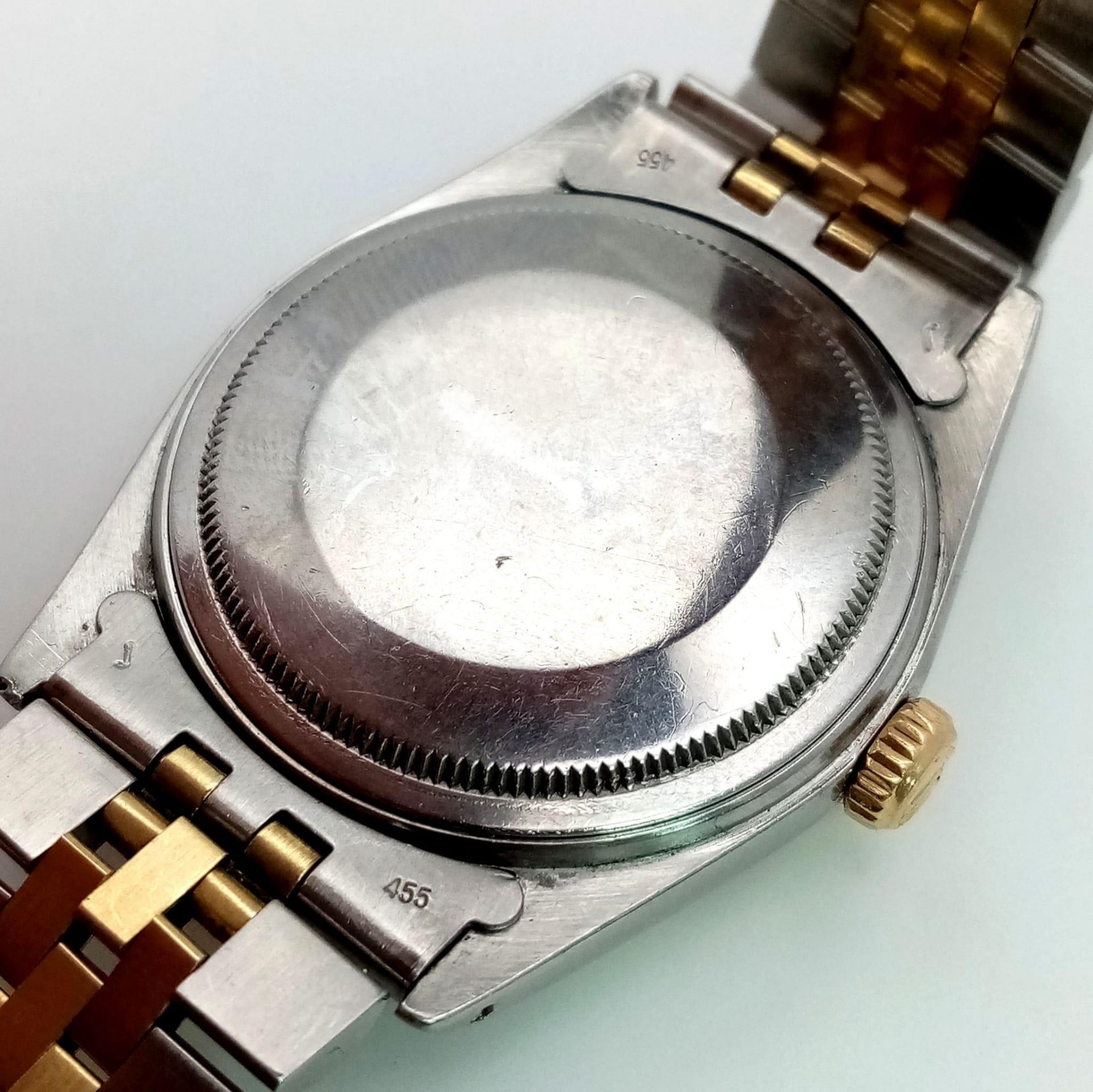 A ROLEX OYSTER PERPETUAL DATEJUST IN BI-METAL WITH GOLDTONE DIAL IN ORIGINAL BOX . 36mm - Image 6 of 10