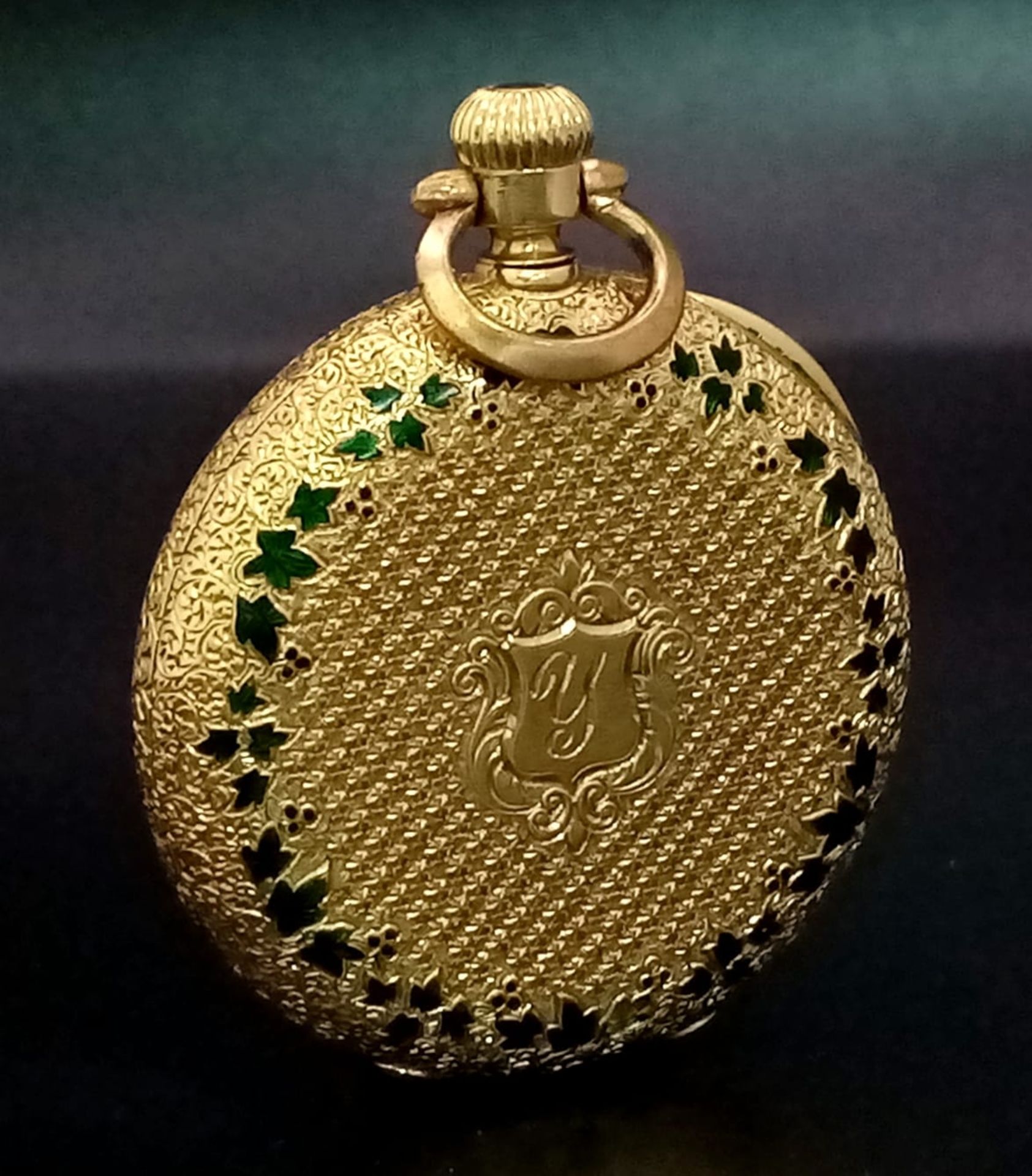 An 18K Gold Half Hunter Pocket Watch with green enamel foilage decoration. 35mm diameter, white dial - Image 6 of 11