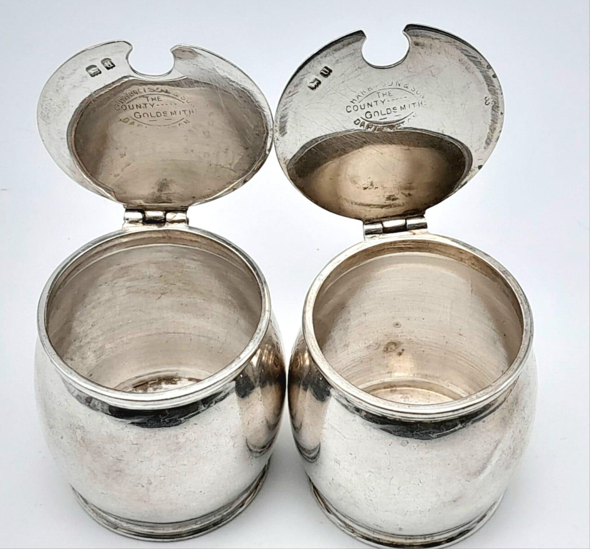 An antique pair of silver condiment set ( missing glass ). Full hallmark Birmingham, sterling - Image 6 of 9