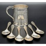 A Small Antique 925 Silver Tankard Dedicated to Jane with Six 925 Silver Teaspoons. Tankard - London