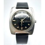 A Vintage Favre-Leuba Duomatic Gents Watch. Black leather strap. Black dial with day/date window. In