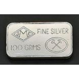 A Johnson Matthey of London Fine Silver (.999 purity) Bar. 100g in weight.