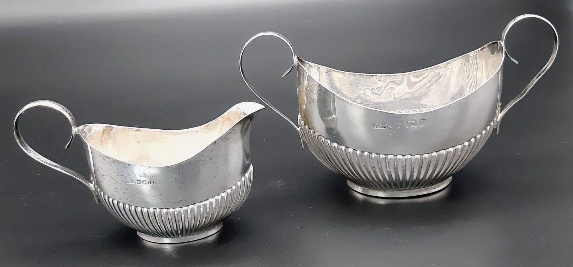 An Antique 925 Silver Sugar Bowl and Creamer. Hallmarks for Birmingham 1902. Makers mark of Alfred