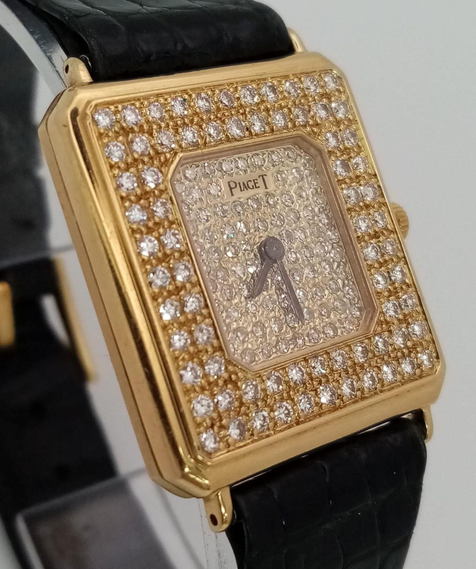 A Piaget 18K Yellow Gold and Diamond Encrusted Ladies Dress Watch. Black leather strap with Piaget - Image 14 of 27