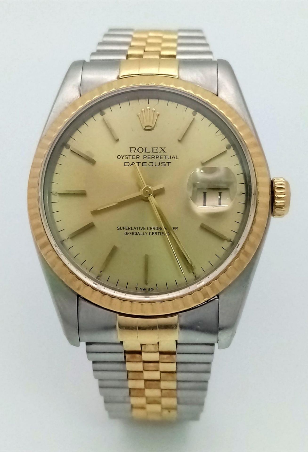 A ROLEX OYSTER PERPETUAL DATEJUST IN BI-METAL WITH GOLDTONE DIAL IN ORIGINAL BOX . 36mm - Image 2 of 10