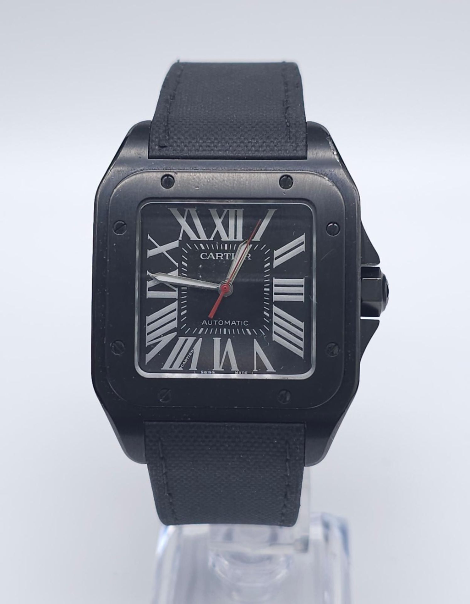 A Stylish Cartier Santos 100 Automatic Gents Watch. Leather and textile strap. Black stainless steel - Image 2 of 12