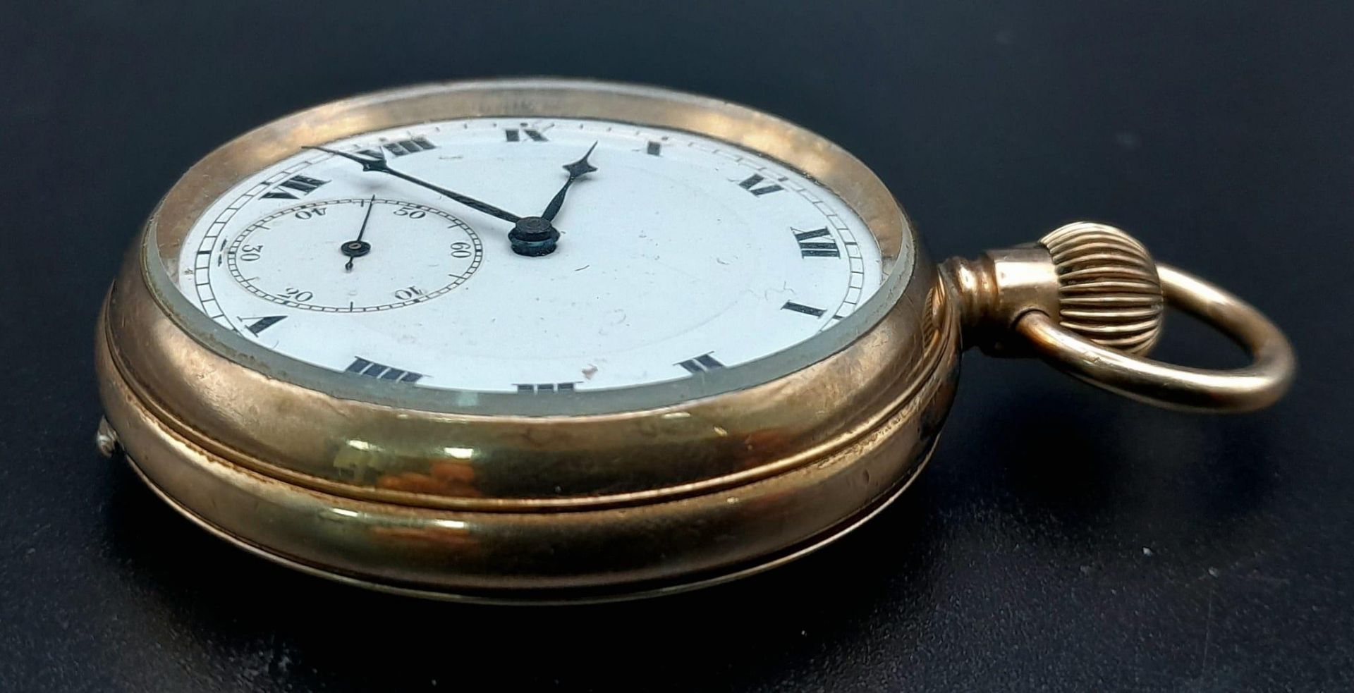 An Antique Illinois Gold Plated Pocket Watch with a Buren Movement. 5cm diameter. White dial with - Image 2 of 8