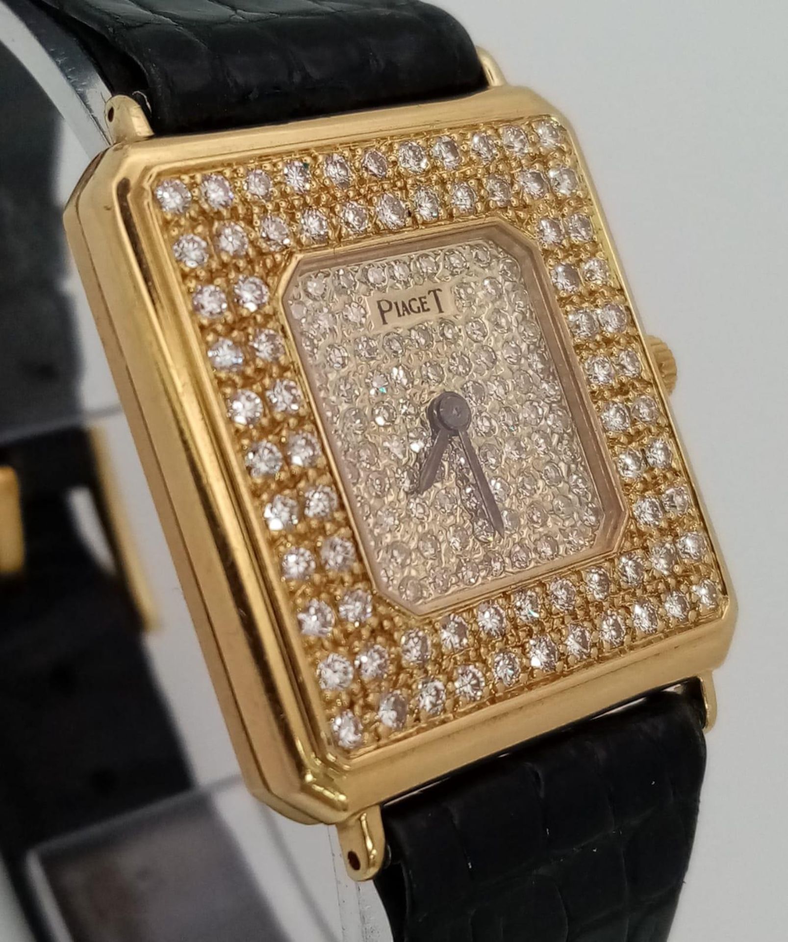 A Piaget 18K Yellow Gold and Diamond Encrusted Ladies Dress Watch. Black leather strap with Piaget - Image 12 of 27