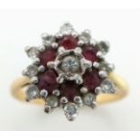 18K YELLOW GOLD DIAMOND & RUBY CLUSTER RING. TOTAL WEIGHT 3.4G. SIZE K