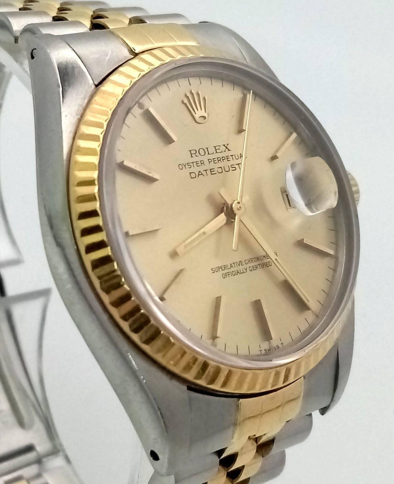 A ROLEX OYSTER PERPETUAL DATEJUST IN BI-METAL WITH GOLDTONE DIAL IN ORIGINAL BOX . 36mm - Image 3 of 10