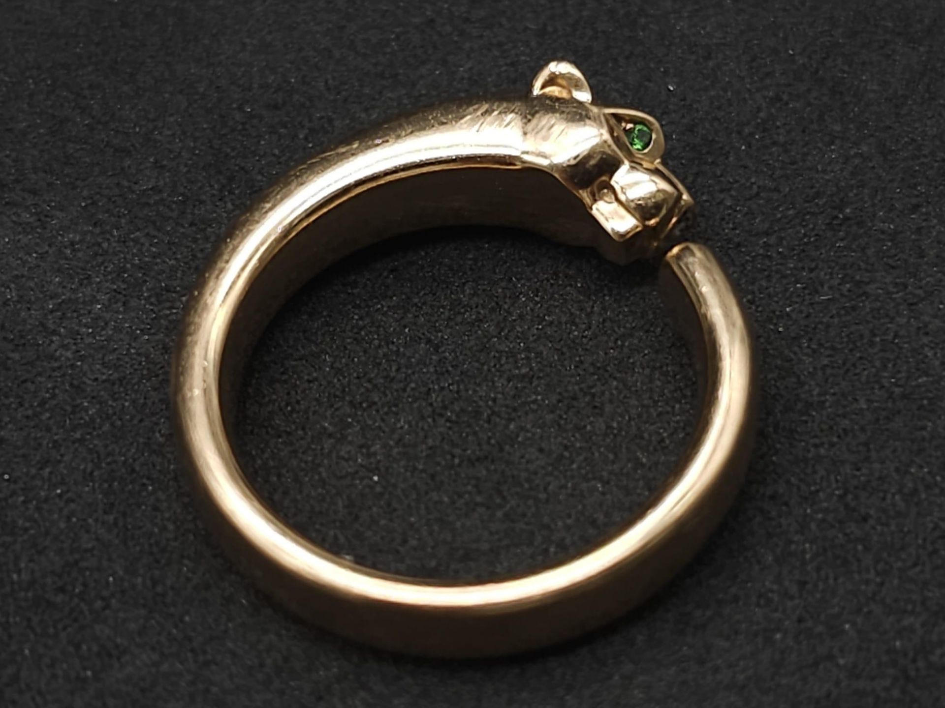 A Cartier 18K Rose Gold Panther Ring with Onyx and Tsavorite Eyes. Size O. 11.1g total weight. Comes - Image 6 of 11