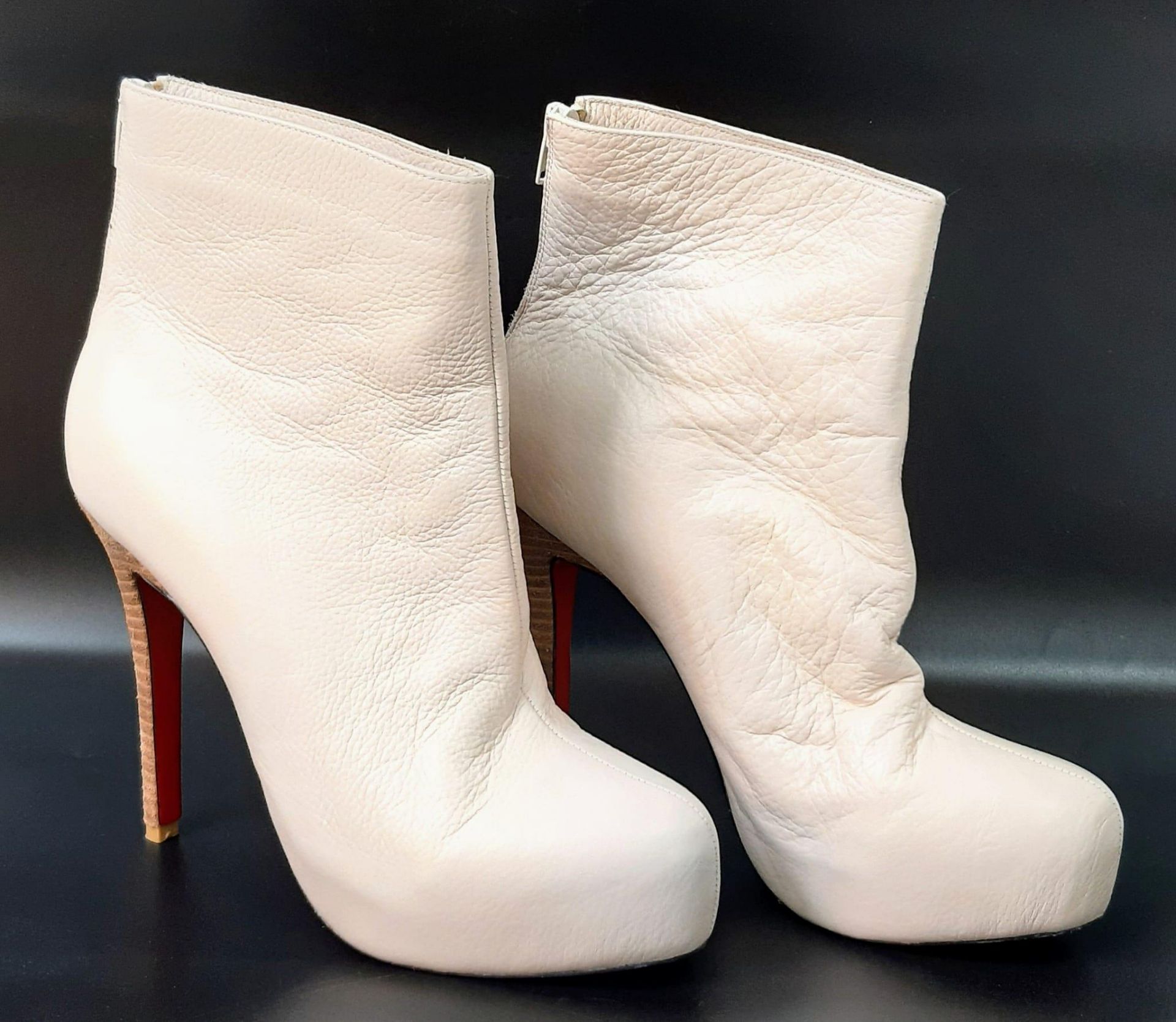 A Pair of Preloved Christian Louboutin Platform Ankle Boots, White leather with Wooden Heel, UK - Image 2 of 8