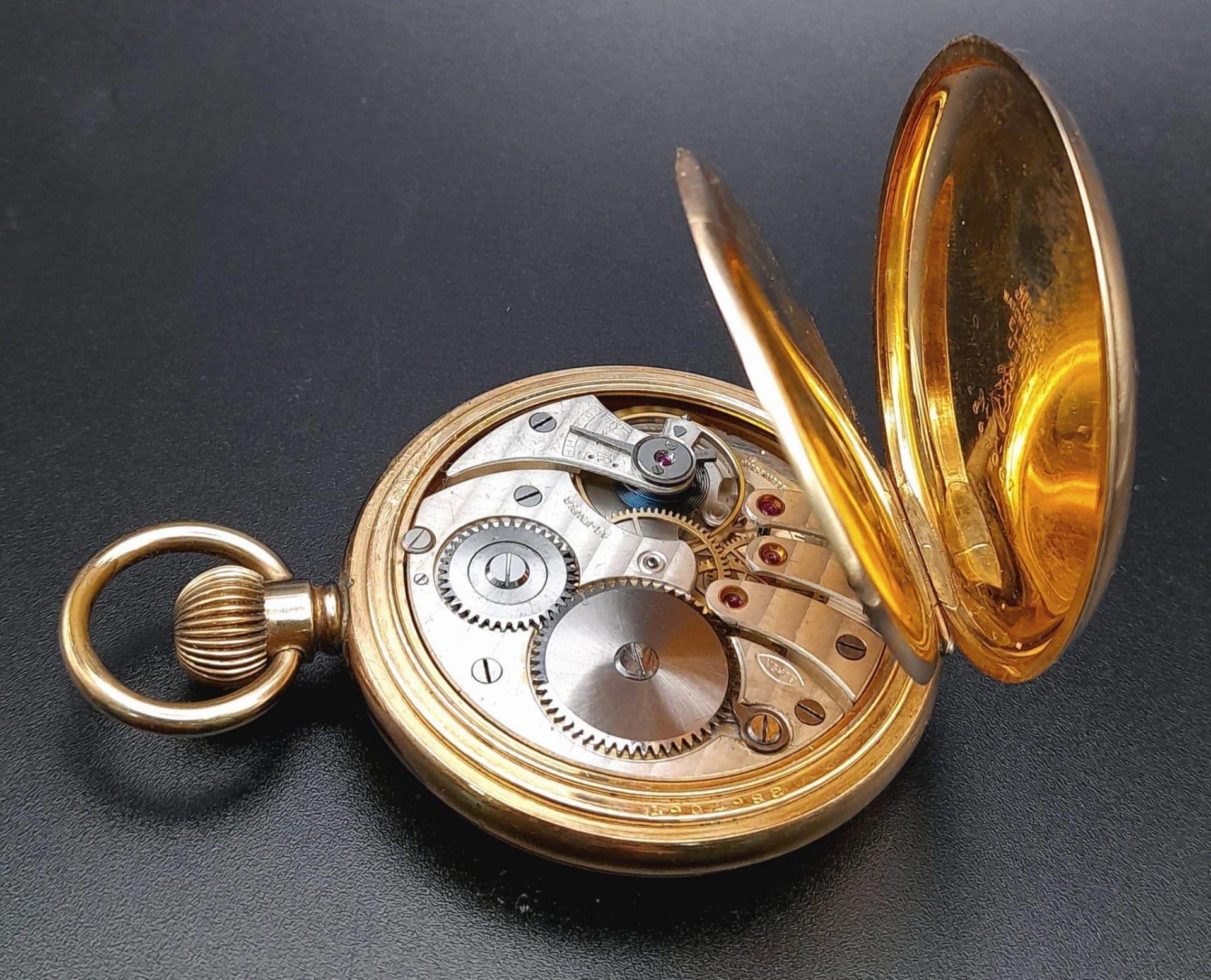 An Antique Illinois Gold Plated Pocket Watch with a Buren Movement. 5cm diameter. White dial with - Image 3 of 8