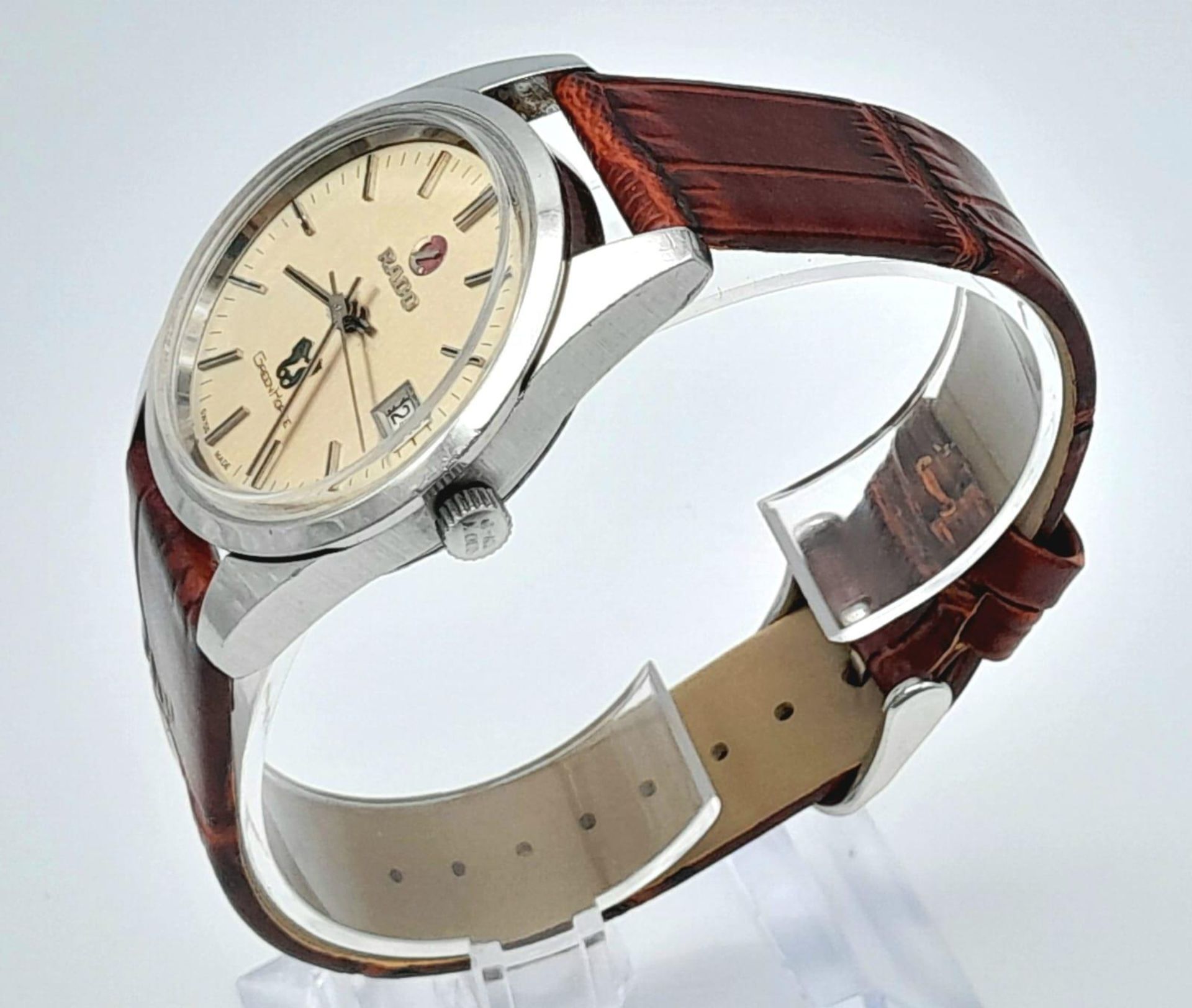 A Vintage Rado Green Horse Gents Watch. Brown leather strap. Silver tone dial with date window. - Image 2 of 4