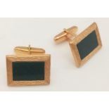 A Vintage Pair of West German 9K Yellow Gold Bloodstone Cufflinks. Bark-effect surround. 8.23g total