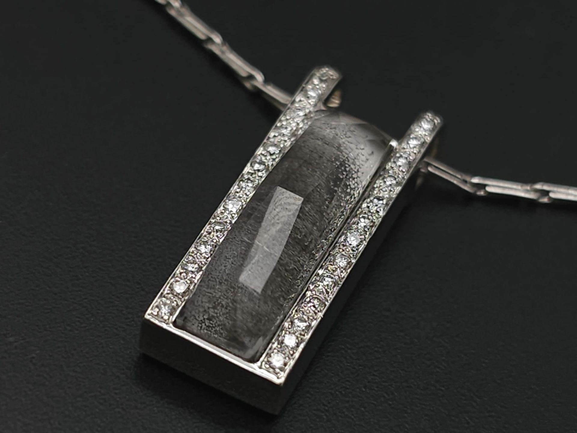 An 18K White Gold Rutilated Quartz and Diamond Pendant on an 18K White Gold Link Necklace. A - Image 7 of 10