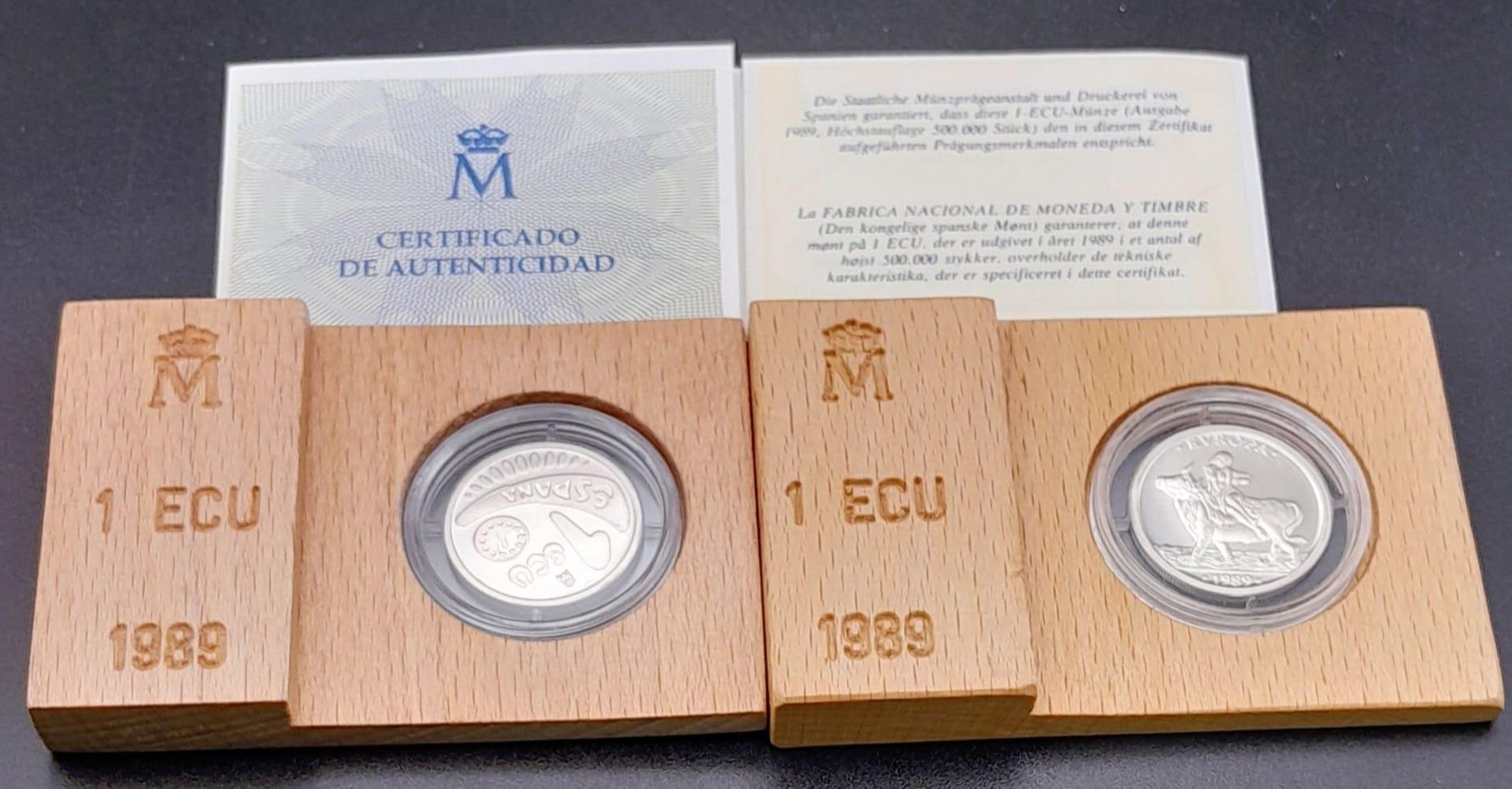 Two Uncirculated 925 Silver 1 ECU Coins in Capsules with Certificate of Authenticity in Wood Display