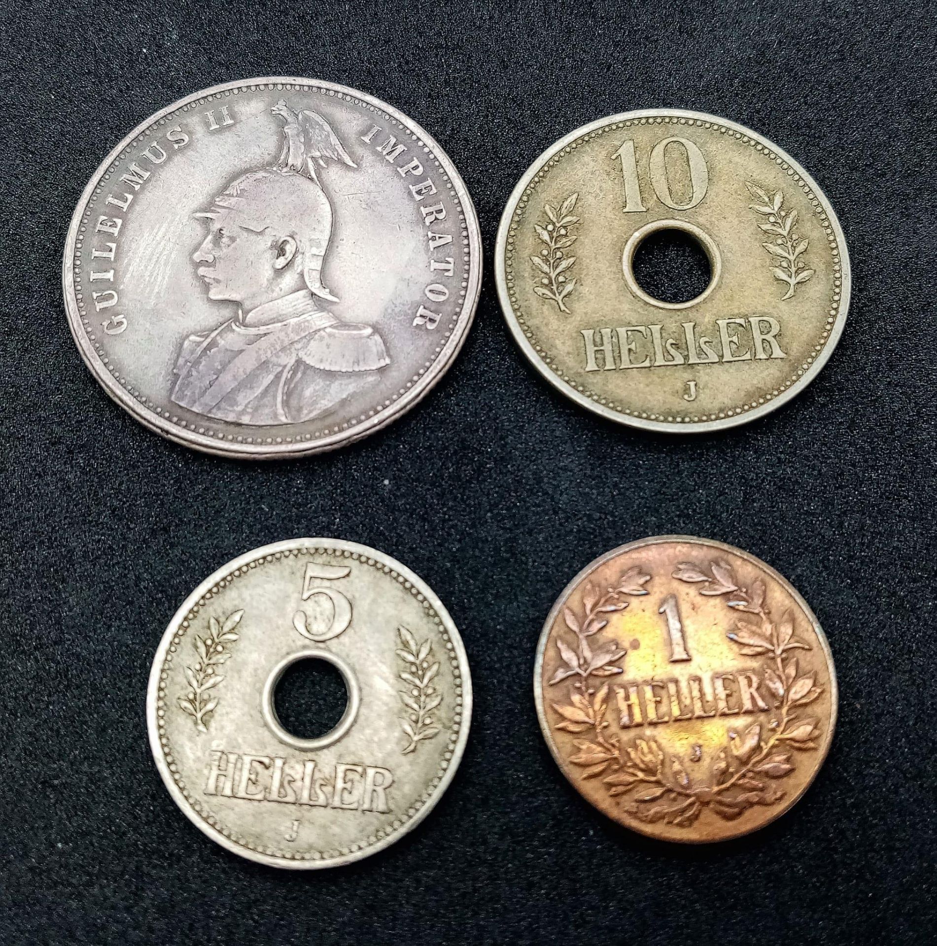 Four Antique East African German Coins - Silver One Rupie, 1910 10 heller, 1914 5 heller and a - Image 3 of 3