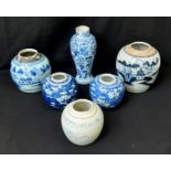 An Eclectic Mix of Six Chinese Blue and White Ceramic Vases. 25cm tallest vase.