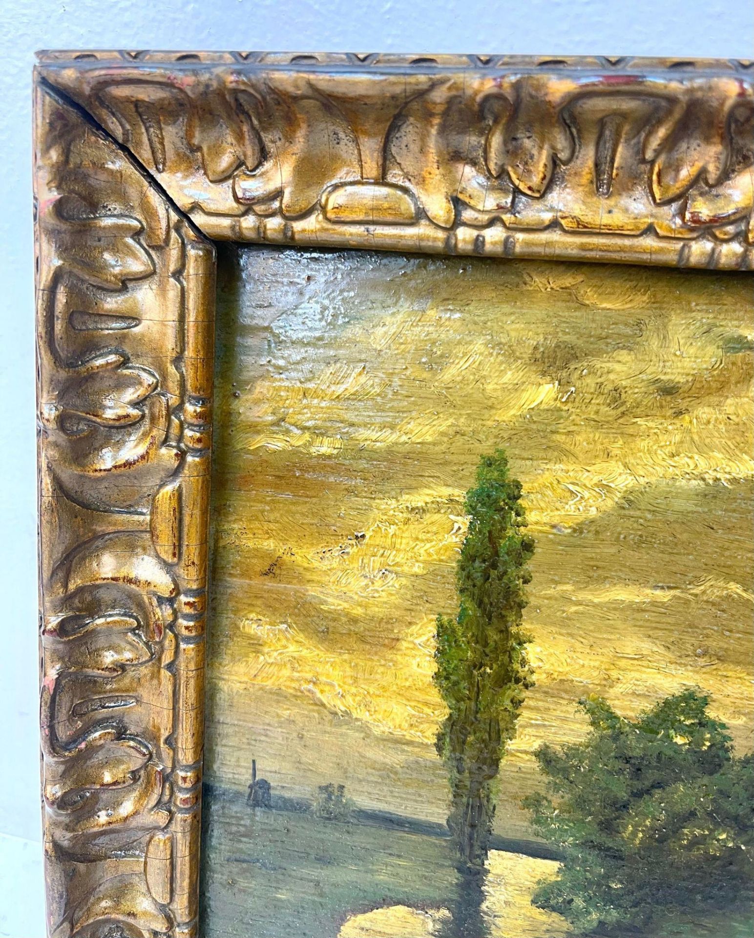 Two Antique Oil on Board Landscape Paintings of Dutch Windmills and Farmland. In gilded frames - - Image 3 of 6
