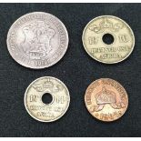 Four Antique East African German Coins - Silver One Rupie, 1910 10 heller, 1914 5 heller and a