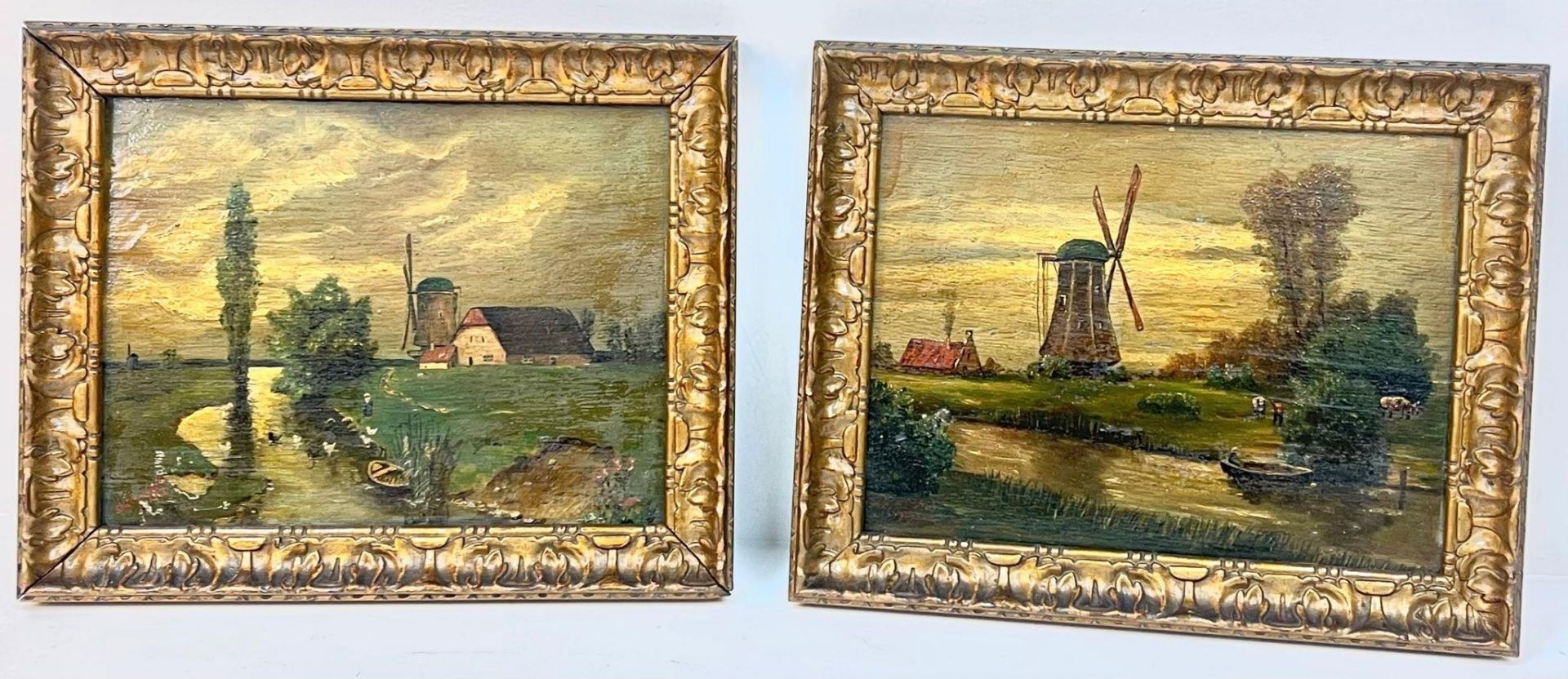 Two Antique Oil on Board Landscape Paintings of Dutch Windmills and Farmland. In gilded frames -