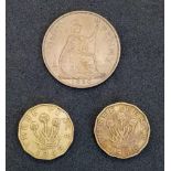 Three Key Date British Coins: A 1950 Penny, a 1946 threepence and a 1949 threepence.