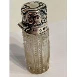 Antique SILVER TOPPED CUT GLASS SCENT BOTTLE. clear hallmark for Levi and Salaman, Birmingham