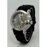 A CHOPARD UNISEX "HAPPY SPORT" STAINLESS STEEL WATCH WITH 3 FLOATING DIAMONDS ON THE ORIGINAL