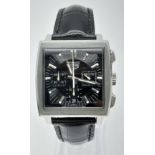 A Tag Heuer Monaco Chronograph Quartz Gents Watch. Black leather strap. Stainless steel case - 38mm.