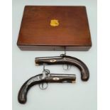 A pair of Antique 54 Bore Percussion Travelling Pistols by Wadsworth of London. 4" bright steel