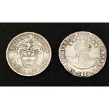 An 1830 Bolivian 4 Soles Silver Coin and a 1916 Colombian 50 cents Silver Coin.