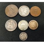 A Selection of Seven 19th Century USA Coins: 1860 one cent Indian head, 1838 one cent, 1893 quarter,