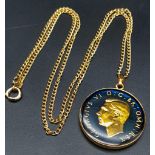 Excellent Condition Gold Tone George VI Enamelled 1938 Two Shilling Coin Pendant Necklace. 51cm