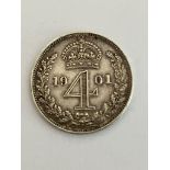 Victorian SILVER MAUNDY FOURPENCE 1901 in extra fine condition. Veiled head. From the Last Victorian