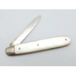 An Antique Sterling Silver Fruit Knife with Mother of Pearl Handle. Hallmarks for Sheffield 1924.