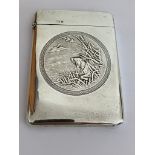 Rare Antique Solid SILVER CARD CASE Having raised picture by HUGUENIN FRERES of dog and geese. Clear