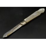 An Antique Sterling Silver Fruit Knife With Mother of Pearl Handle. Hallmarks for Sheffield 1923.