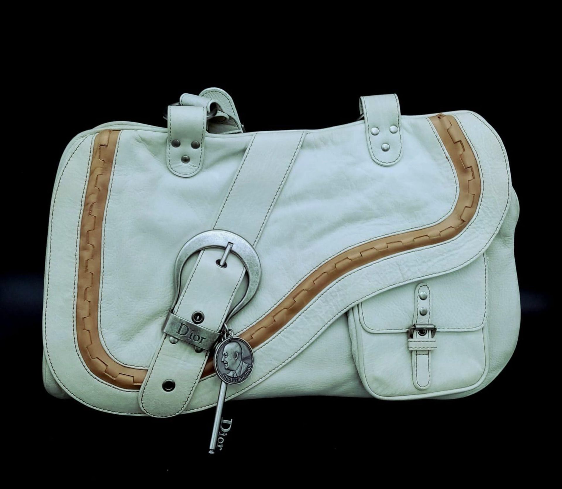 A Dior Gaucho Saddle Bag, Off-White Calf's Leather With Lamb Skin Boarders, Contrast Stitching - Image 2 of 7