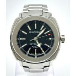 A JEAN RICHARD TERRASCOPE AUTOMATIC WATCH, BLACK FACE WHITE DIAL AND STEEL BRACELET, 100M WATER