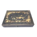 An Antique Chinese Lacquered Wood Storage Box with Hand-Painted Decoration on Lid. 26cm x 18cm