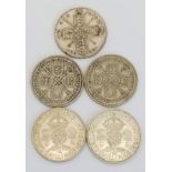 Five Silver Florins - 1924 - 1944. Please see photos for conditions.